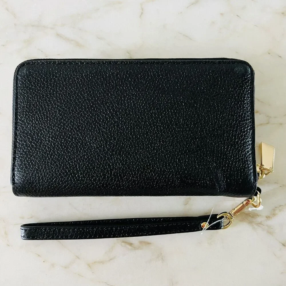 MICHAEL KORS Black Leather Flat Multi Function Phone Case Zip Wallet Wristlet